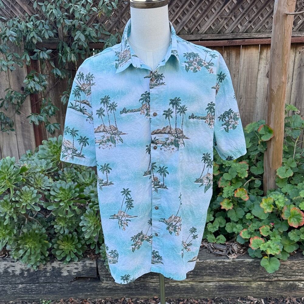 Island Shores Hawaiian Men's XXL Shirt Palm Trees Island Plumeria Tropical FLAW